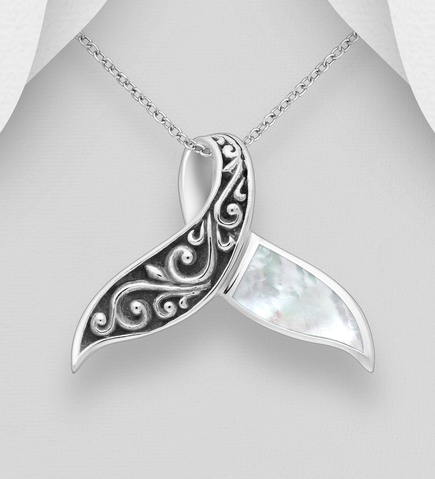 Sterling Silver Whale Tail Pendant decorated with Shell