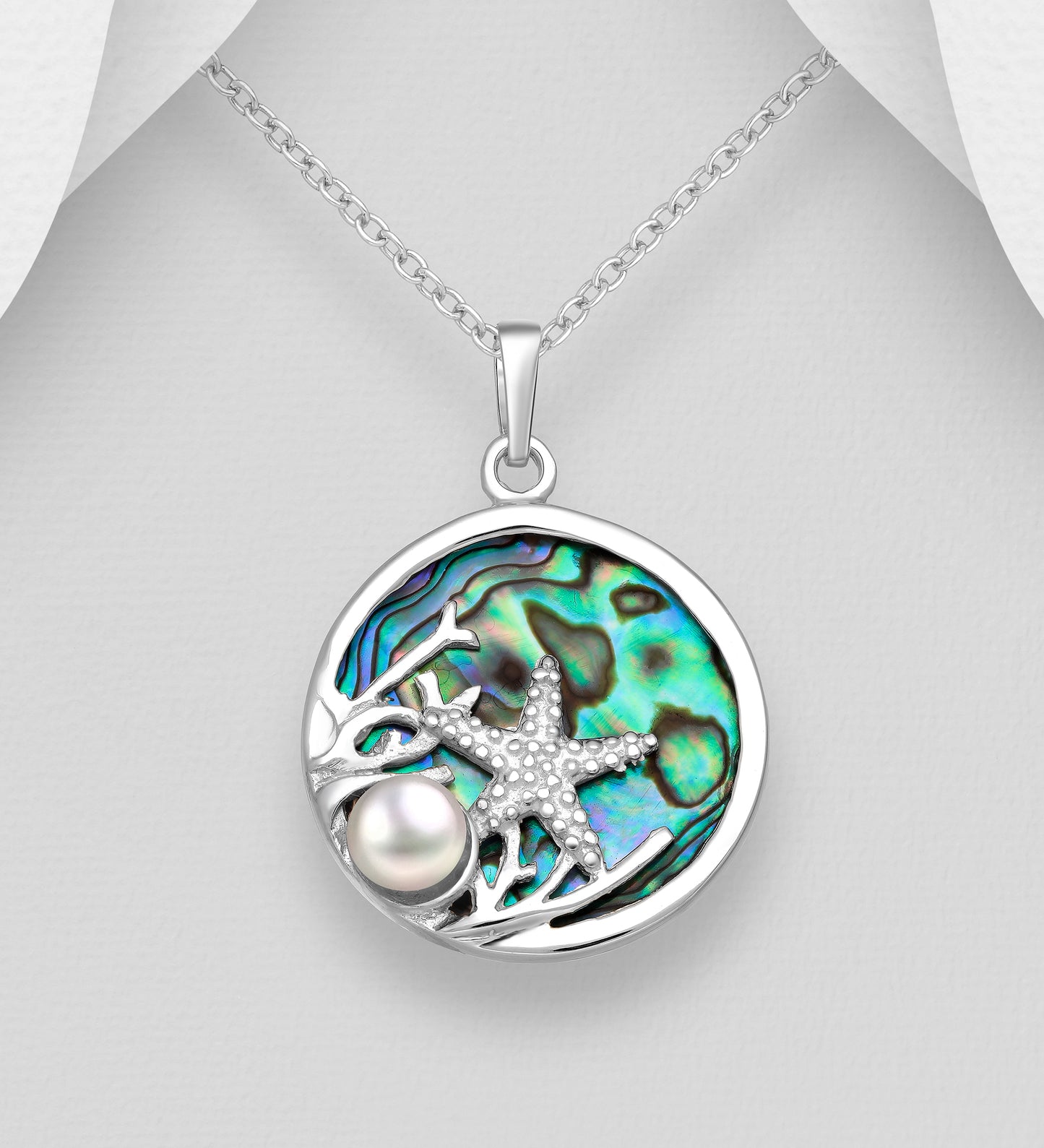 Sterling Silver Starfish, Coral & Pearl Pendant decorated with Abalone Shell