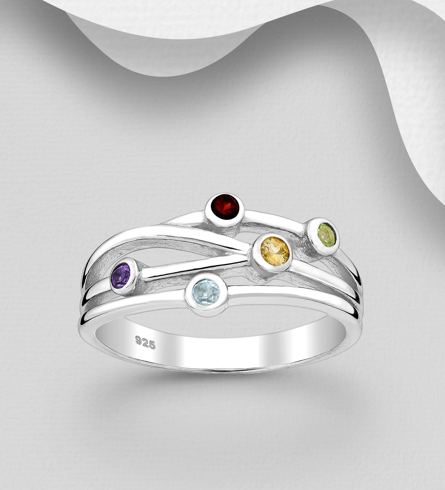 925 Sterling Silver Ring decorated with Various Gemstones