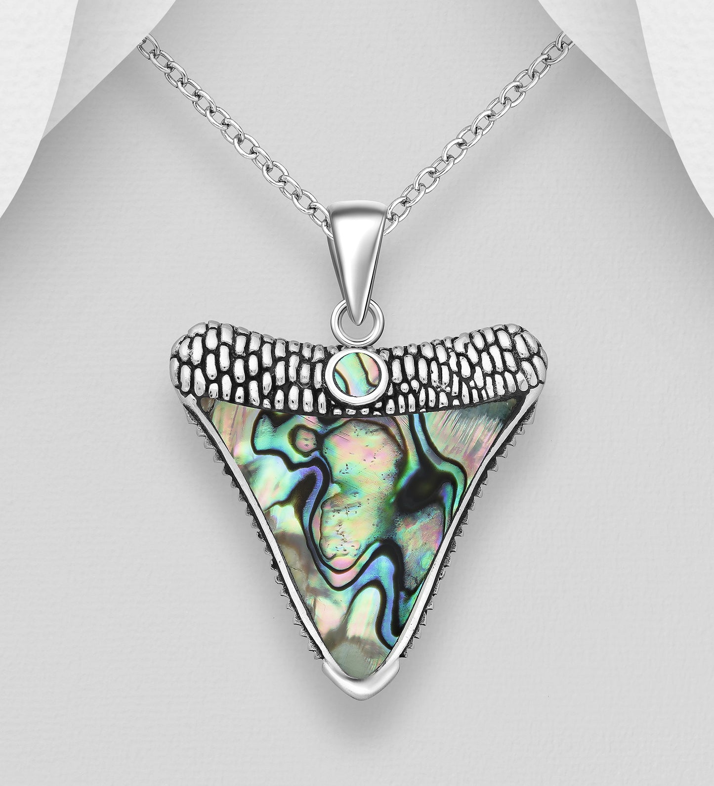 Sterling Silver Shark Tooth Pendant decorated with Abalone shell