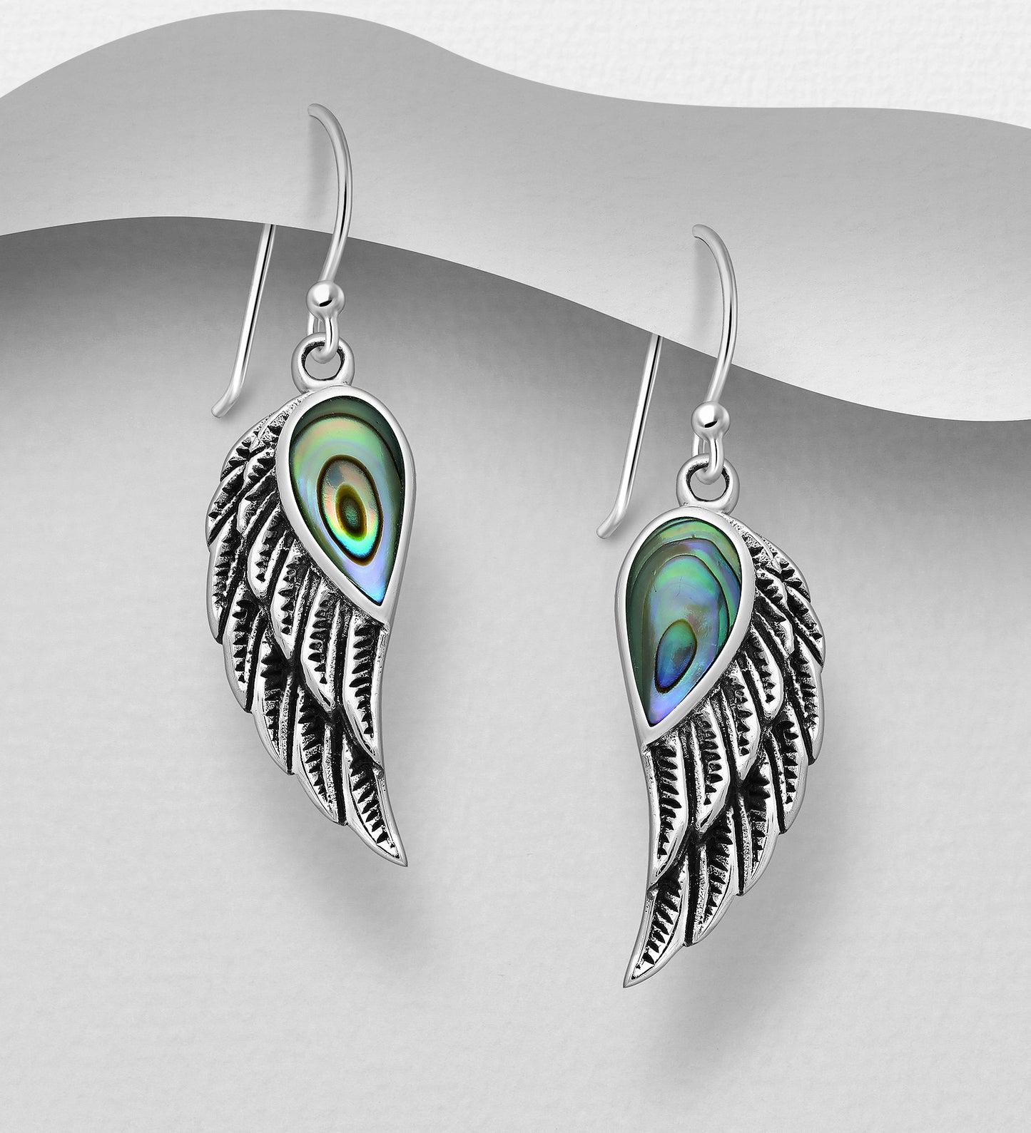 Sterling Silver oxidized Wing Earrings decorated with Abalone shell