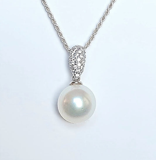 South Sea Round Pearl Pendant set in Sterling Silver & decorated with Cubic Zirconia