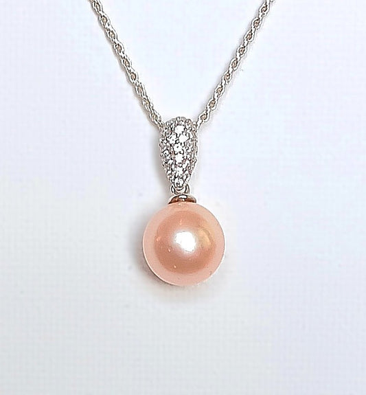 Sterling Silver Freshwater Round Pearl Pendant decorated with Cubic Zirconia
