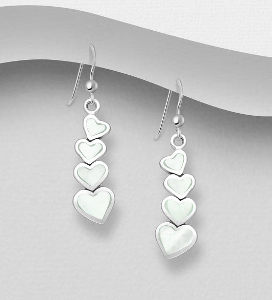 Sterling Silver Heart Earrings decorated with Mother of Pearl shell