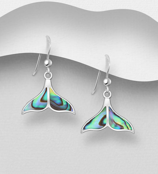 Sterling Silver Whale Tail Earrings decorated with Abalone shell