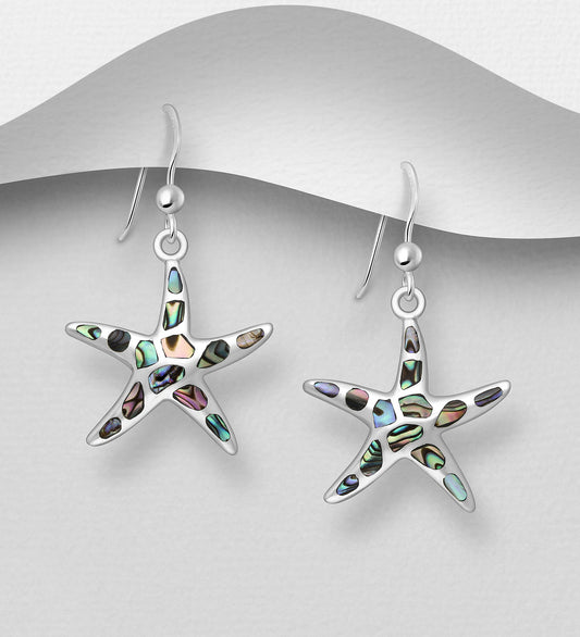 Sterling Silver Starfish Earrings decorated with Abalone shell