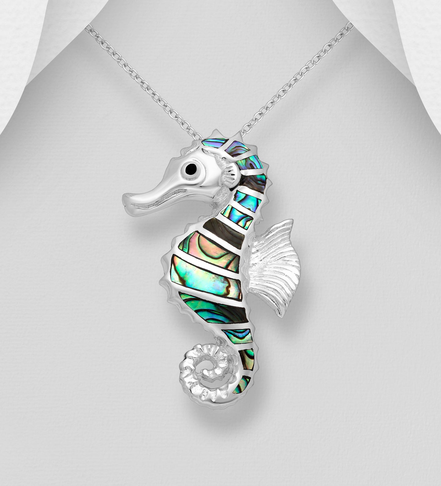Sterling Silver Seahorse Necklace decorated with Abalone shell