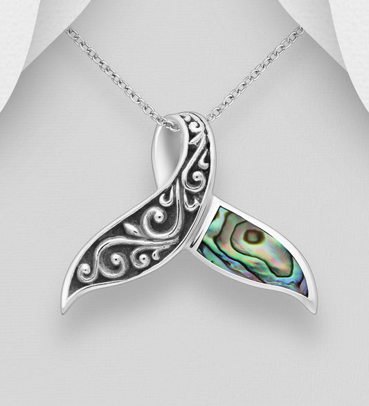 Sterling Silver Whale Tail Pendant decorated with Abalone shell