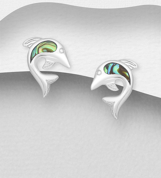 Sterling Silver Dolphin Push Back Earrings decorated with Abalone shell