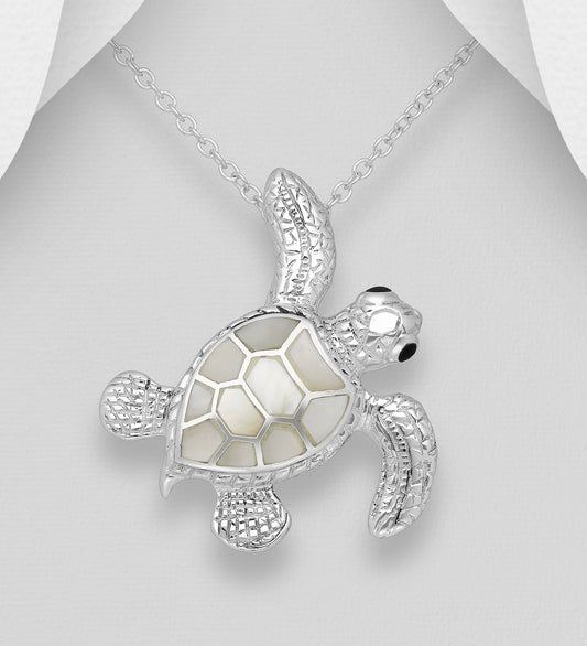 Sterling Silver Turtle Pendant decorated with Mother of Pearl Shell