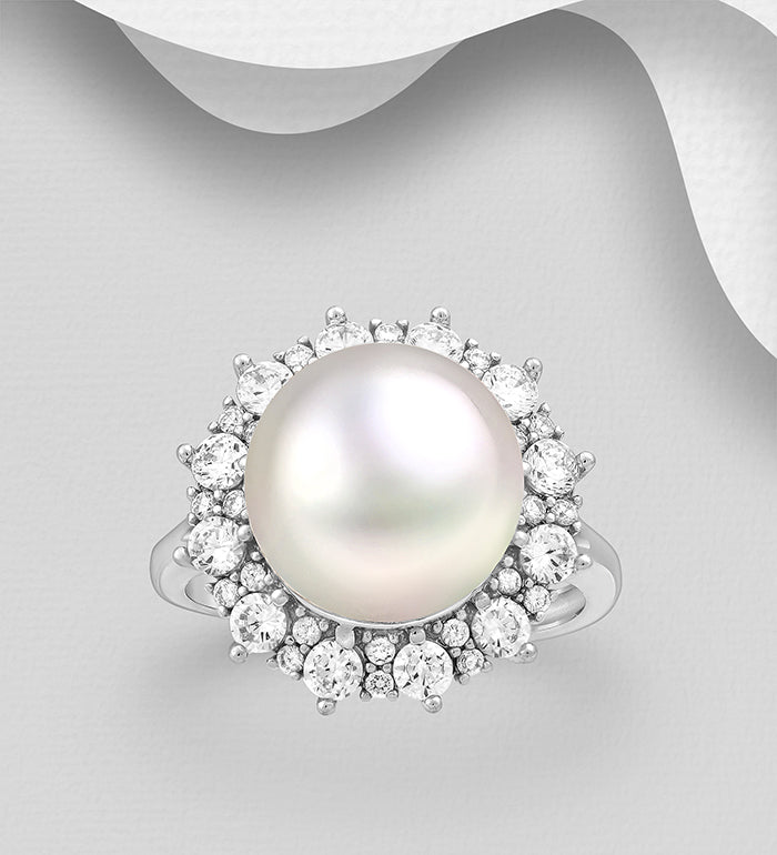 Sterling Silver Freshwater Pearl Ring decorated with Cubic Zirconia