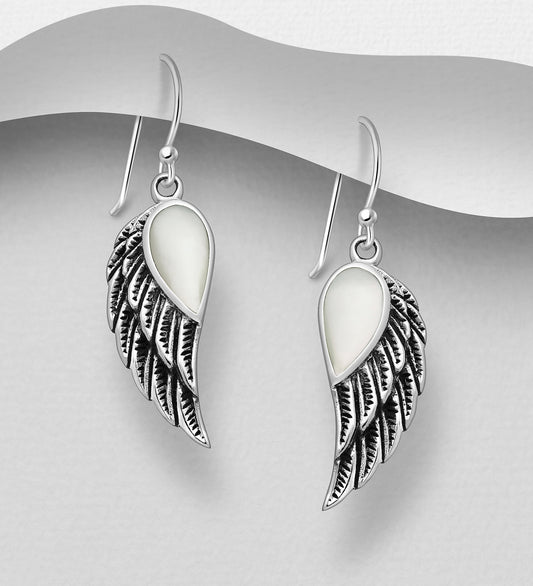 Sterling Silver Oxidized Wing Earrings, Decorated with Mother of Pearl Shell