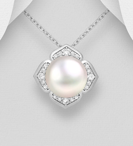 Sterling Silver Freshwater Pearl Pendant set with Cubic Zirconia