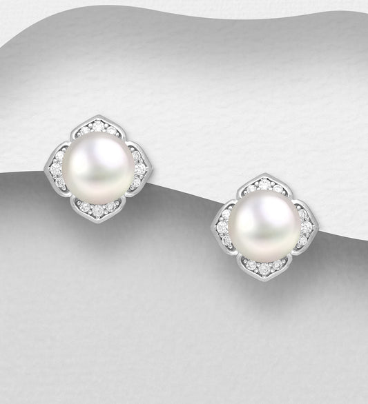 Sterling Silver Push Back Pearl Earrings set with Cubic Zirconia