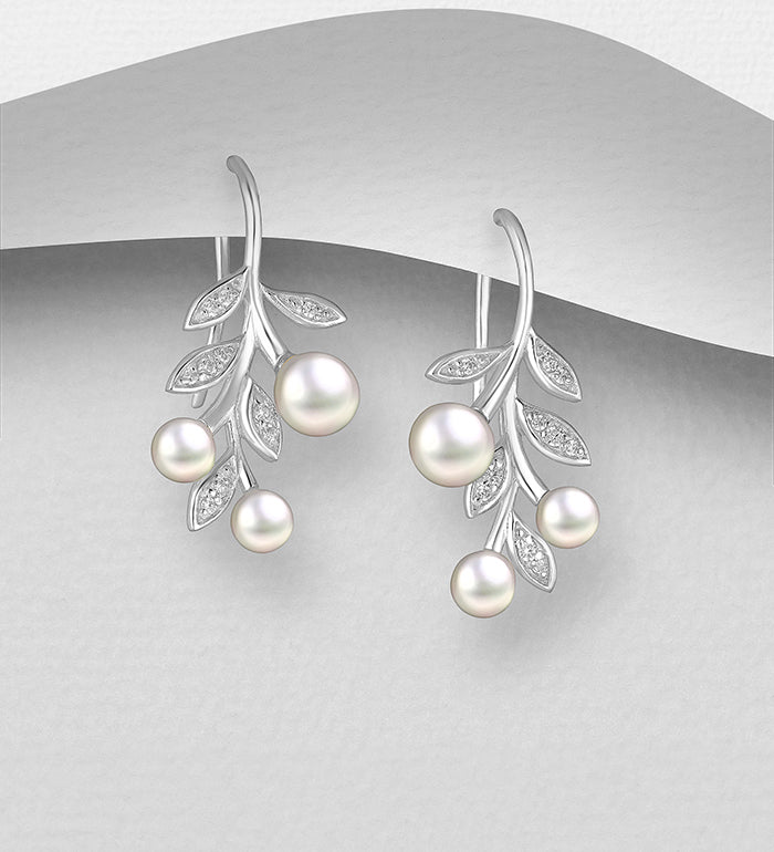 Sterling Silver Leaf Earrings decorated with Freshwater Pearls & Cubic Zirconia