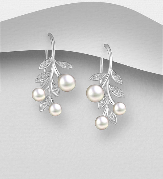 Sterling Silver Leaf Earrings decorated with Freshwater Pearls & Cubic Zirconia
