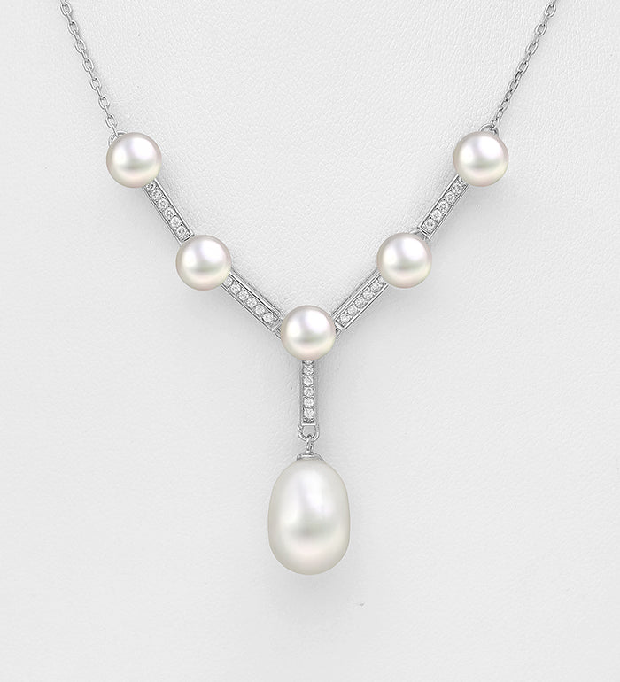 Sterling Silver Necklace decorated with Freshwater Pearls & Cubic Zirconia