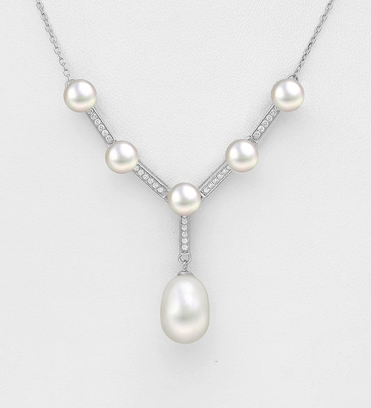 Sterling Silver Necklace decorated with Freshwater Pearls & Cubic Zirconia