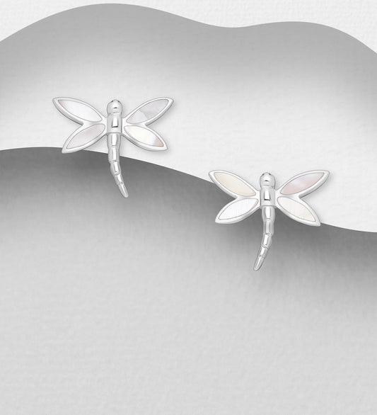 Sterling Silver Dragonfly Push Back Earrings decorated with Mother of Pearl shell