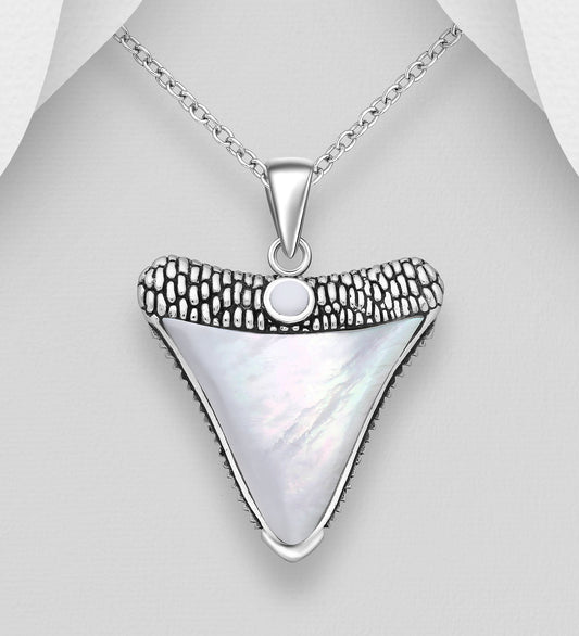 Sterling Silver Shark Tooth Pendant decorated with Mother of Pearl shell