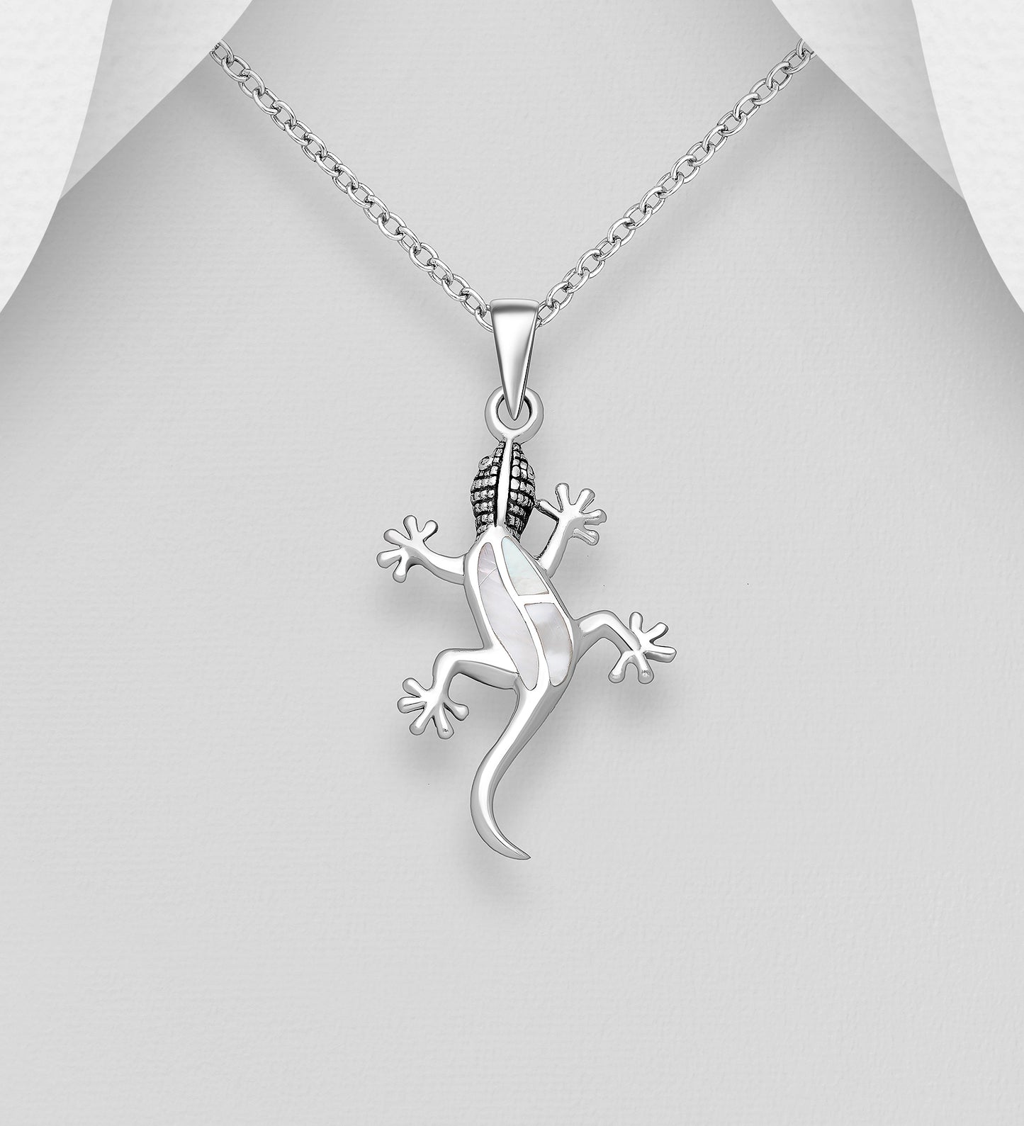 Sterling Silver Gecko Pendant decorated with Mother of Pearl shell