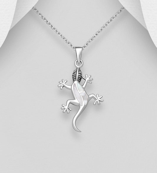 Sterling Silver Gecko Pendant decorated with Mother of Pearl shell