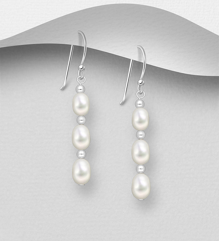 Sterling Silver Hook Earrings, beaded with Freshwater Pearls