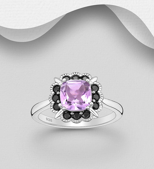 925 Sterling Silver Ring decorated with Amethyst and Black Spinel
