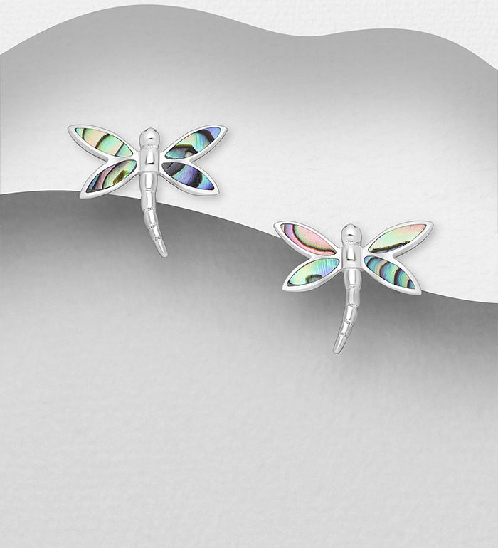 Sterling Silver Dragonfly Push Back Earrings decorated with Abalone shell