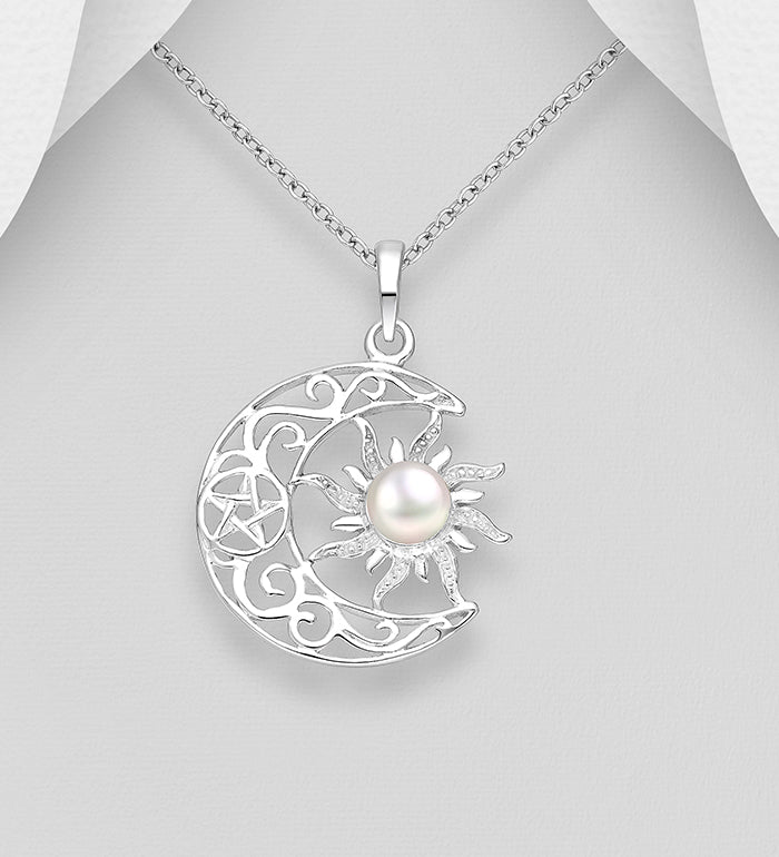 Sterling Silver Moon, Star & Sun pendant decorated with a Freshwater Pearl