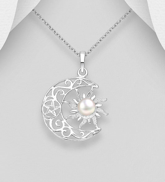 Sterling Silver Moon, Star & Sun pendant decorated with a Freshwater Pearl