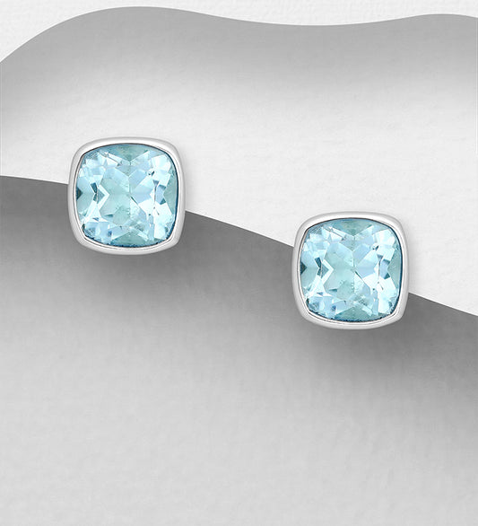 Sterling Silver Square Push Back Earrings decorated with Sky Blue Topaz