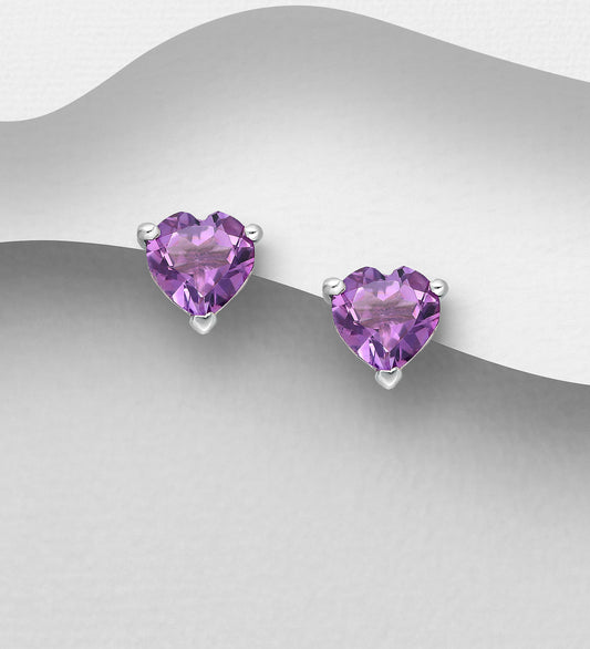 Sterling Silver Push Back Earrings decorated with Heart shaped Amethyst