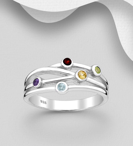 925 Sterling Silver Ring decorated with Various Gemstones