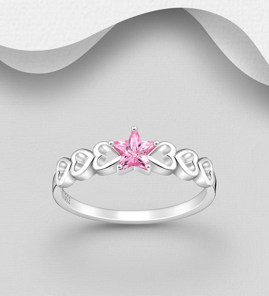 Sterling Silver Star & Heart Ring decorated with a pink Cubic Zirconia