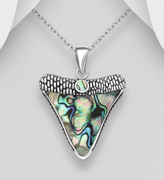 Sterling Silver Shark Tooth Pendant decorated with Abalone shell
