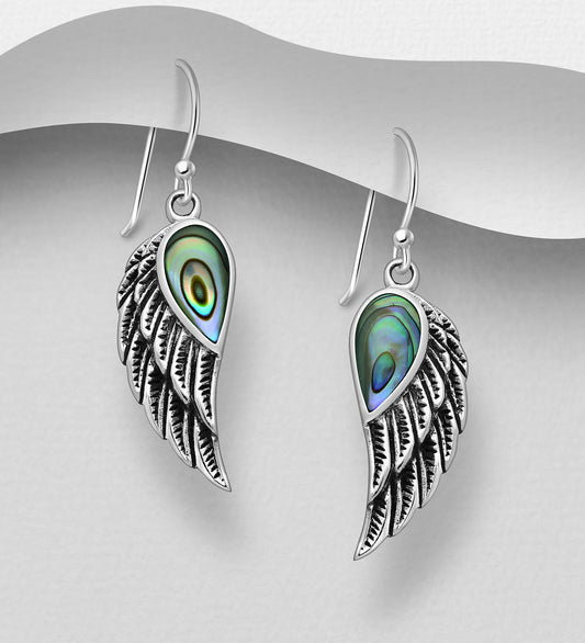 Sterling Silver oxidized Wing Earrings decorated with Abalone shell