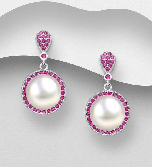 Sterling Silver Push Back Freshwater Pearl earrings decorated with Cubic Zirconia